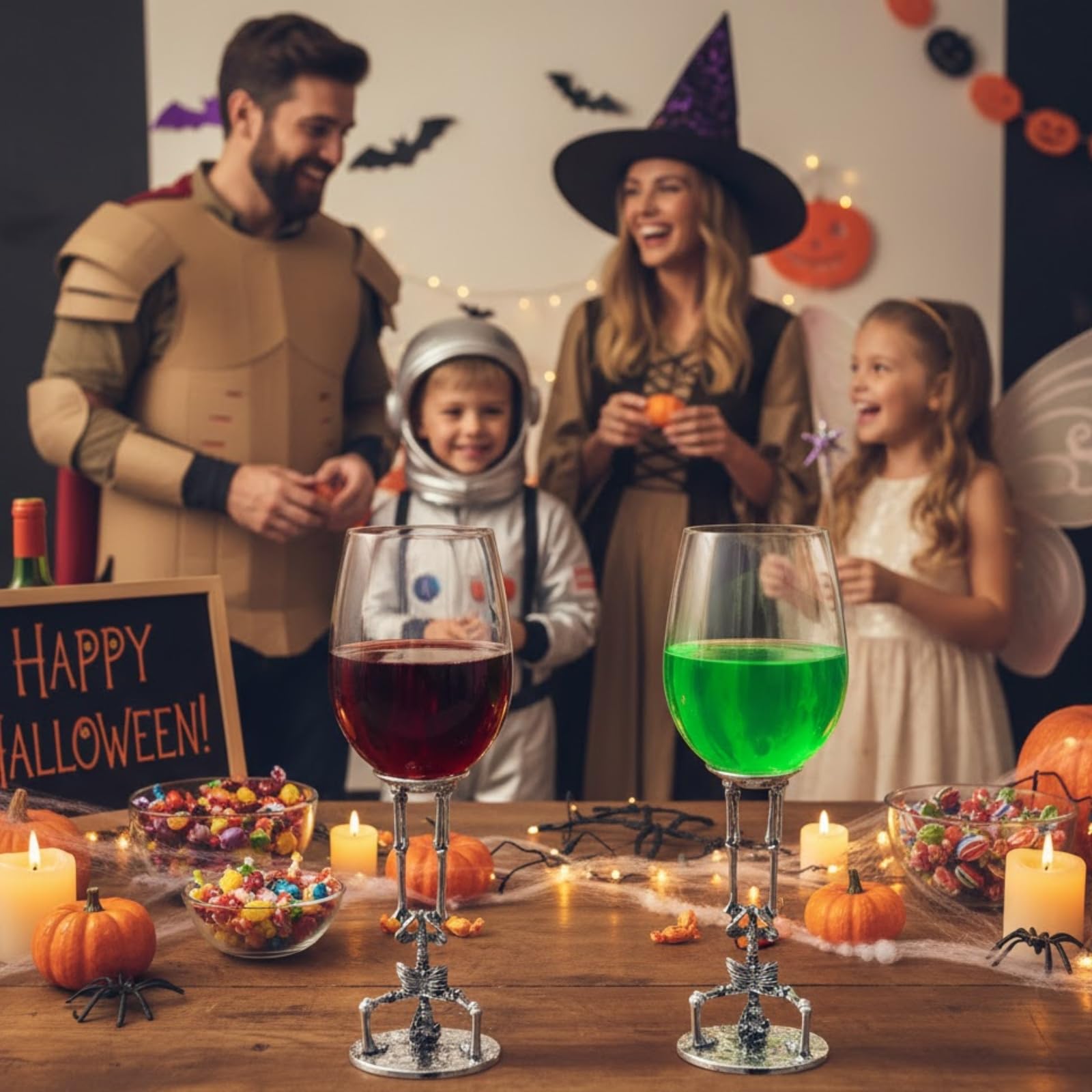 Skeleton Wine Glasses Set of 2 13oz – Gothic Skeletons Stem Goblets for Halloween Party