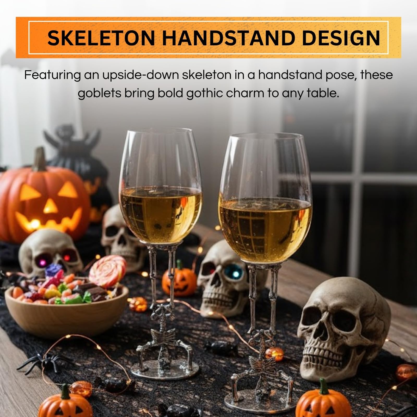 Skeleton Wine Glasses Set of 2 13oz – Gothic Skeletons Stem Goblets for Halloween Party