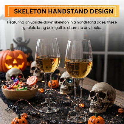 Skeleton Wine Glasses Set of 2 13oz – Gothic Skeletons Stem Goblets for Halloween Party