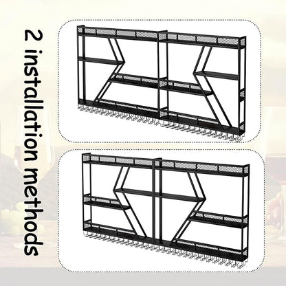 Wall Mounted Wine Rack with Glass Holder, 3-Tier Metal Storage Shelf, Black Diamond Design, Wine Bottle Display with Stemware Storage (Black, 94.48in/240)
