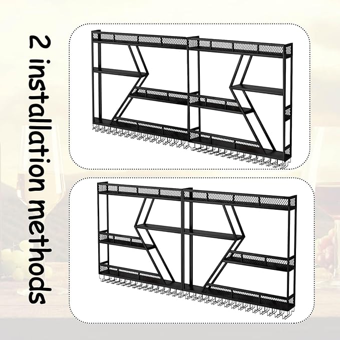 Wall Mounted Wine Rack with Glass Holder, 3-Tier Metal Storage Shelf, Black Diamond Design, Wine Bottle Display with Stemware Storage (Black, 94.48in/240)