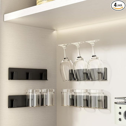 Cup Holder, 4 Pack Wine Glass Holder，No Drilling Installation Wine Glass Holder Wall Mounted for Dining Room, Kitchen and Bar Daily Use (Classic Black)