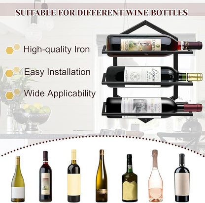 2Pcs Wall Mounted Wine Stemware Rack, Metal Hanging Wine Glass Display Holde Holds 3 Bottles, Elegant Storage for Kitchen Dining Room Bar Wine Cellar