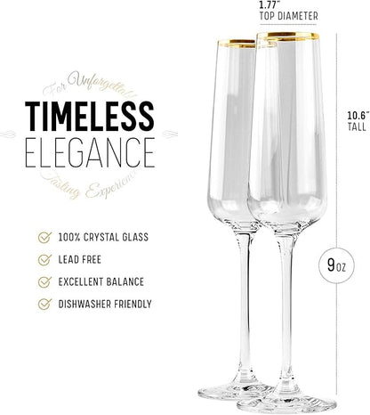 Gold Rim Champagne Gift Glasses | Set of 2 | Crystal Square Toasting Flutes for Bride and Groom, Wedding, Anniversary, Birthday | Elegant Long Stemmed Glassware for Sparkling Wine, Prosecco