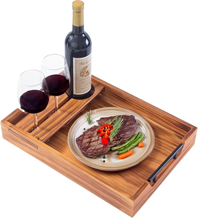 Wood Serving Tray with Handles, 17"x12" Rustic Wooden Trays with Removable Wine Glass Holder Decorative Ottoman Tray for Living Room, Coffee Table, Breakfast Food Trays in Bed