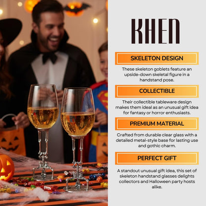 Skeleton Wine Glasses Set of 2 13oz – Gothic Skeletons Stem Goblets for Halloween Party