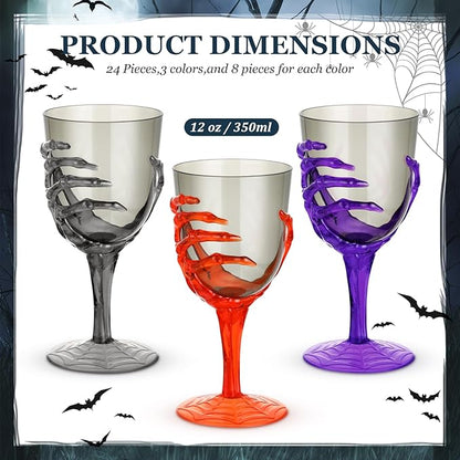 Dandat 24 Pcs Halloween Skeleton Hand Goblets 12oz Clear Plastic Halloween Cups Skull Wine Glass Set for Creepy Spooky Party Decorations(Black, Purple, Orange, Gray)
