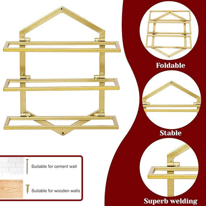2Pcs Wall Mounted Wine Stemware Rack, Metal Hanging Wine Glass Display Holde Holds 3 Bottles, Elegant Storage for Kitchen Dining Room Bar Wine Cellar (Gold)