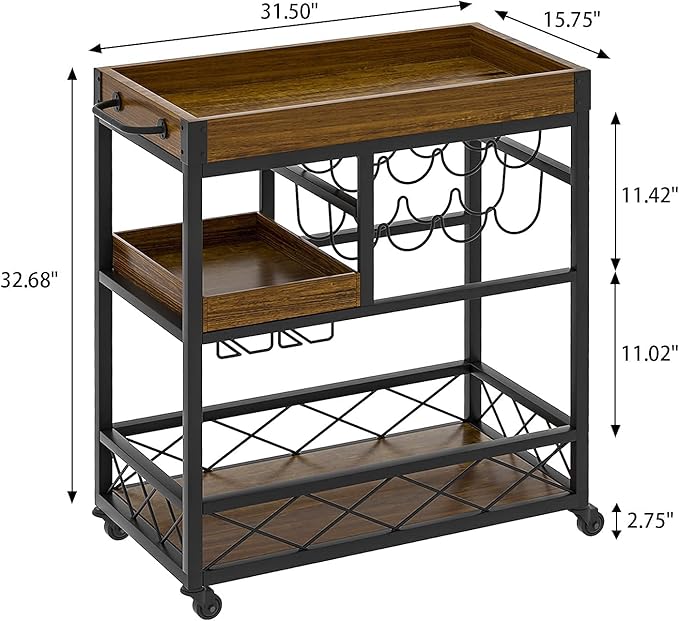 Bar Cart Industrial Kitchen Serving Carts for Home 3 Tier Storage Trolley with Wine Rack Glasses Holder Two Portable Trays Universal Casters with Brakes Rustic Rolling Cart Alcoholic Beverage