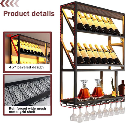59Inch Wall Mounted Wine Rack, 3 Tiers Large Bar Shelves with 14 Glass Holder, Metal Wine Bottle Display Shelf, Modern Iron Liquor Shelf, for Kitchen Dining, Home Bar, Cellar (59.1" W)