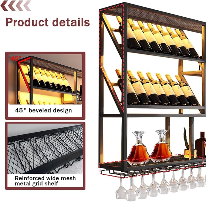 59Inch Wall Mounted Wine Rack, 3 Tiers Large Bar Shelves with 14 Glass Holder, Metal Wine Bottle Display Shelf, Modern Iron Liquor Shelf, for Kitchen Dining, Home Bar, Cellar (59.1" W)