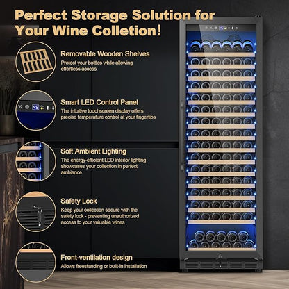 Upgraded 190 Bottles Wine Cooler Refrigerator,24 Inch Wide Wine Fridge with Professional Temperature Control System,Freestanding or Built-in installation, Quiet Operation,Black