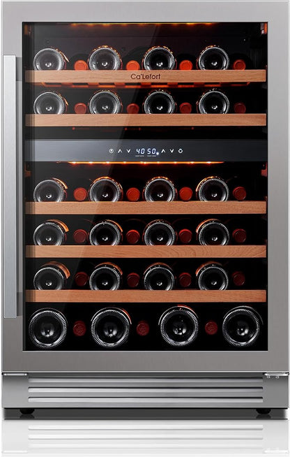 Ca'Lefort Wine Fridge & Cooler - 24 Inch 46 Bottle Wine Cooler Refrigerator, 40-65°F Dual Zone Wine Refrigerator Glass Door, 3 LED Built-in or Freestanding Fridge for Home/Bar/Kitchen (5.65 cu.ft)