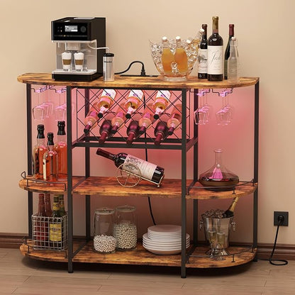 Wine Cabinet Bar Cart Table with Power Socket and LED Light, Three Tiers Coffee Bar Table Wine Rack Liqour Bar with Large Storage for Home Kitchen (Retro Brown)