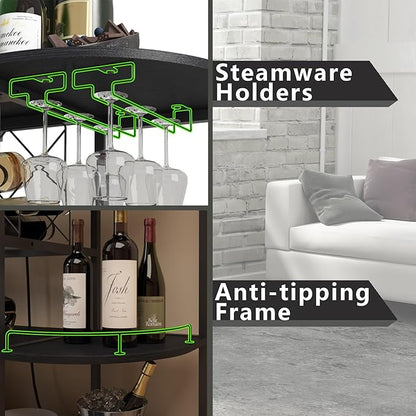 Wine Cabinet Coffee Table with Power Socket and LED Light, Three Tiers Coffee Bar Table Wine Rack Liqour Bar with Large Storage for Home Kitchen (Black)