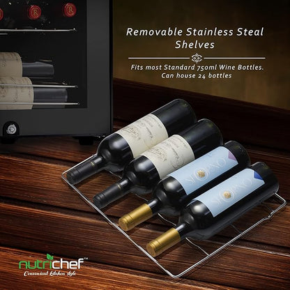Nutrichef 24 Bottle Wine Fridge | Single Zone Wine Chiller | Adjustable Temperature Control 41°F to 64°F | Ultra Quiet Operation | Wine Cooler For Home & Office | Free Standing 29x16x17 IN
