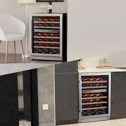 Ca'Lefort Wine Fridge & Cooler - 24 Inch 46 Bottle Wine Cooler Refrigerator, 40-65°F Dual Zone Wine Refrigerator Glass Door, 3 LED Built-in or Freestanding Fridge for Home/Bar/Kitchen (5.65 cu.ft)