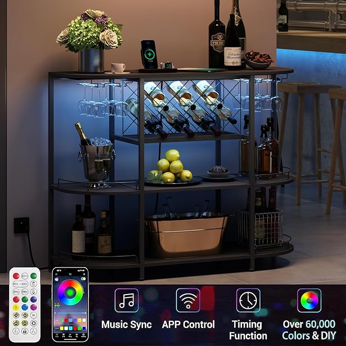 Wine Cabinet Coffee Table with Power Socket and LED Light, Three Tiers Coffee Bar Table Wine Rack Liqour Bar with Large Storage for Home Kitchen (Black)