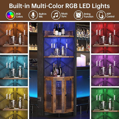 Corner Bar Cabinet with Power Outlet, 5-Tier Corner Wine Cabinet with Led Strip and Glass Holder, Industrial Tall Liquor Cabinet Bar Wine Rack for Home, Rustic Brown
