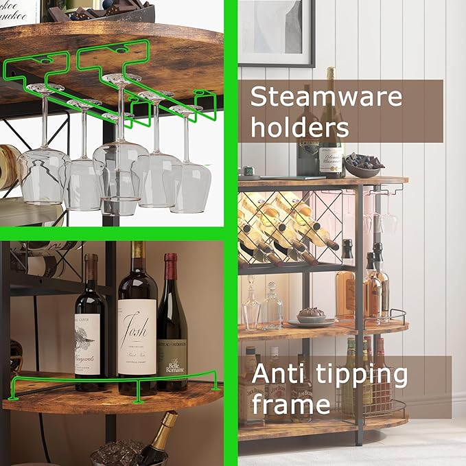 Wine Cabinet Bar Cart Table with Power Socket and LED Light, Three Tiers Coffee Bar Table Wine Rack Liqour Bar with Large Storage for Home Kitchen (Retro Brown)