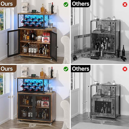 Wine Bar Cabinet with Wheels, 4-Tier Bar Cart with Power Outlets and LED Light, Liquor Cabinet Home Mini Bar with Wine Rack, Coffee Bar Cabinet for Liquor, Rustic Brown