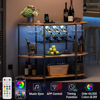 Wine Cabinet Bar Cart Table with Power Socket and LED Light, Three Tiers Coffee Bar Table Wine Rack Liqour Bar with Large Storage for Home Kitchen (Retro Brown)