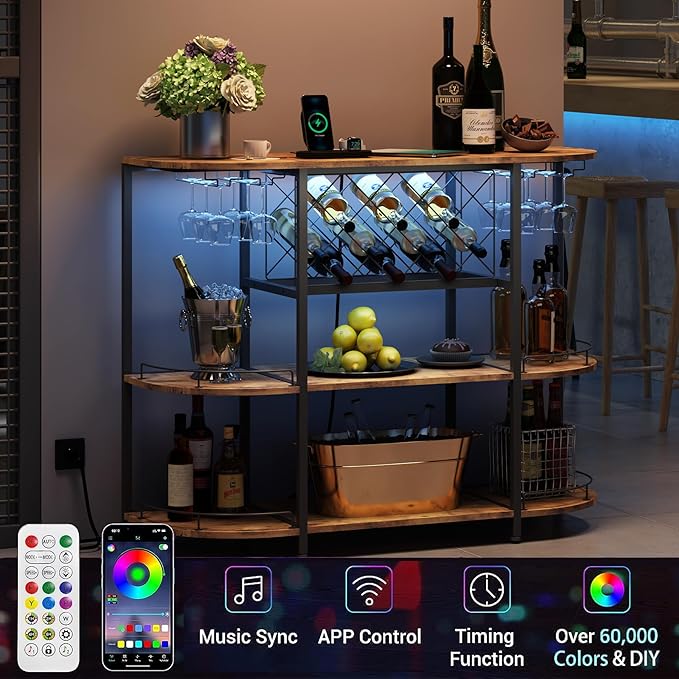 Wine Cabinet Bar Cart Table with Power Socket and LED Light, Three Tiers Coffee Bar Table Wine Rack Liqour Bar with Large Storage for Home Kitchen (Retro Brown)