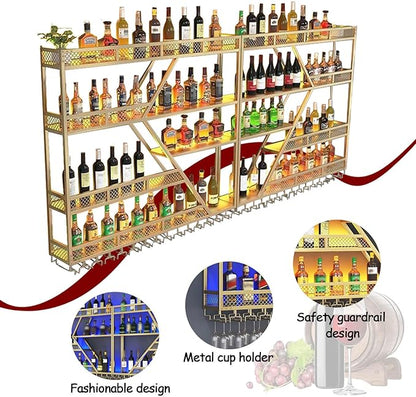 Wall Mounted Wine Rack with Glass Holder, 3-Tier Metal Storage Shelf, Black Diamond Design, Wine Bottle Display with Stemware Storage (Black, 94.48in/240)
