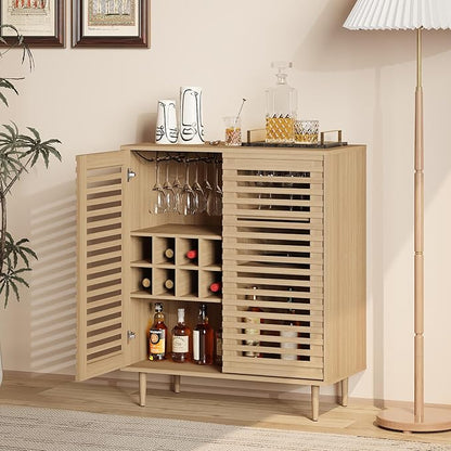 Mid Century Bar Cabinet with Wine Racks, Modern Liquor Cabinet with Slatted Doors for Dining Room, Living Room (Natural Color)
