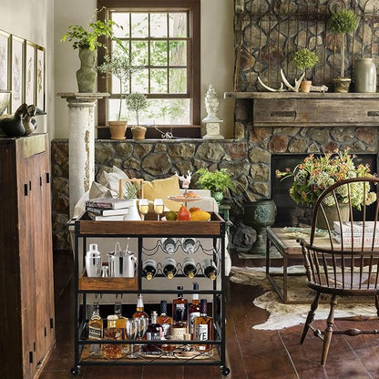 Bar Cart Industrial Kitchen Serving Carts for Home 3 Tier Storage Trolley with Wine Rack Glasses Holder Two Portable Trays Universal Casters with Brakes Rustic Rolling Cart Alcoholic Beverage