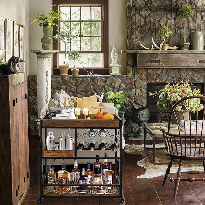 Bar Cart Industrial Kitchen Serving Carts for Home 3 Tier Storage Trolley with Wine Rack Glasses Holder Two Portable Trays Universal Casters with Brakes Rustic Rolling Cart Alcoholic Beverage