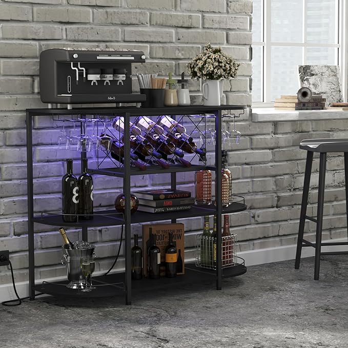 Wine Cabinet Coffee Table with Power Socket and LED Light, Three Tiers Coffee Bar Table Wine Rack Liqour Bar with Large Storage for Home Kitchen (Black)