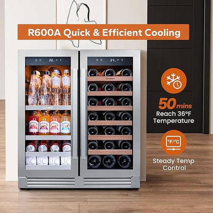 Ca'Lefort 30 Inch Wine and Beverage Refrigerator, 80 Can and 33 Bottle French Door Wine Refrigerator 36-72°F, 3 LED Wine Fridges with Glass Door, Built-in or Freestanding for Home/Kitchen (6.00 cu.ft)