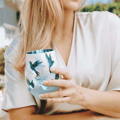 Blue Hummingbird Stemless Wine Glasses