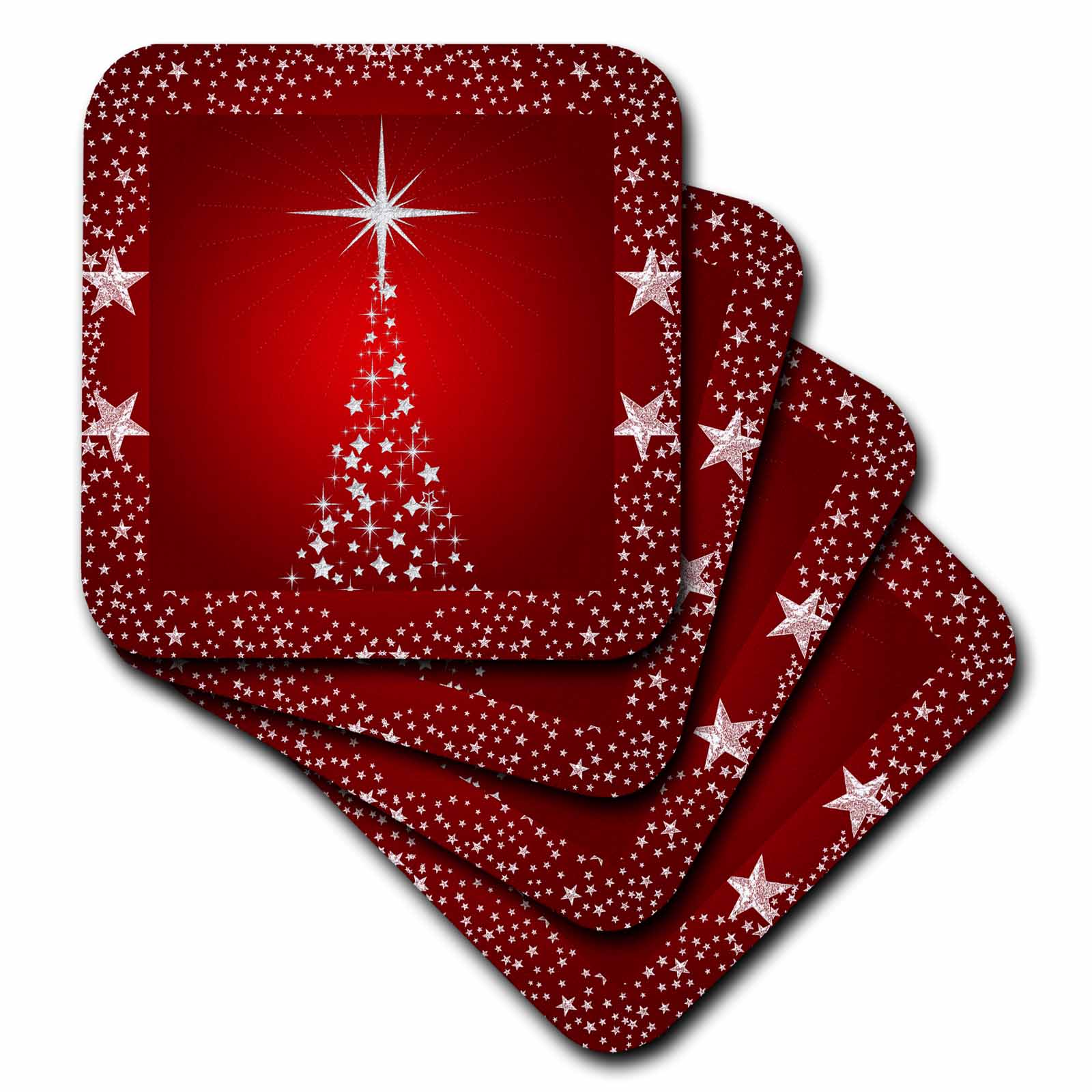 3dRose Doreen Erhardt Christmas Collection - Silver Star Christmas Tree with Holiday Red Background - Coasters (cst_164753)