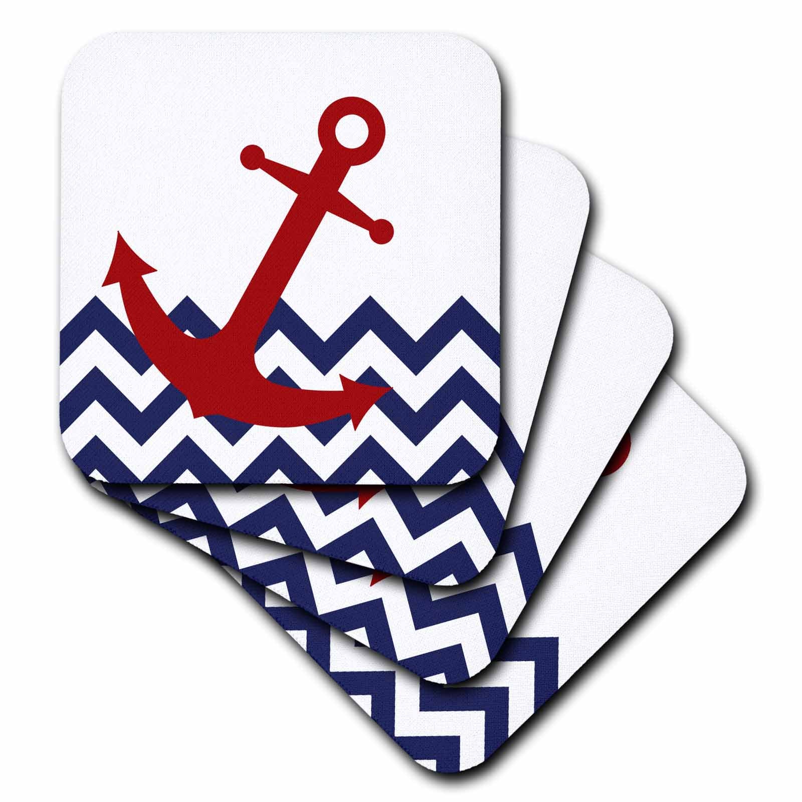 3dRose Janna Salak Designs Nautical - Red Nautical Boat Anchor on Chevron Pattern - Coasters (cst_165791)