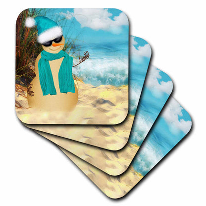 3dRose Doreen Erhardt Christmas Collection - Sandy beach Sandman with ocean view fun spoof on a snowman. - Coasters (cst_173007)