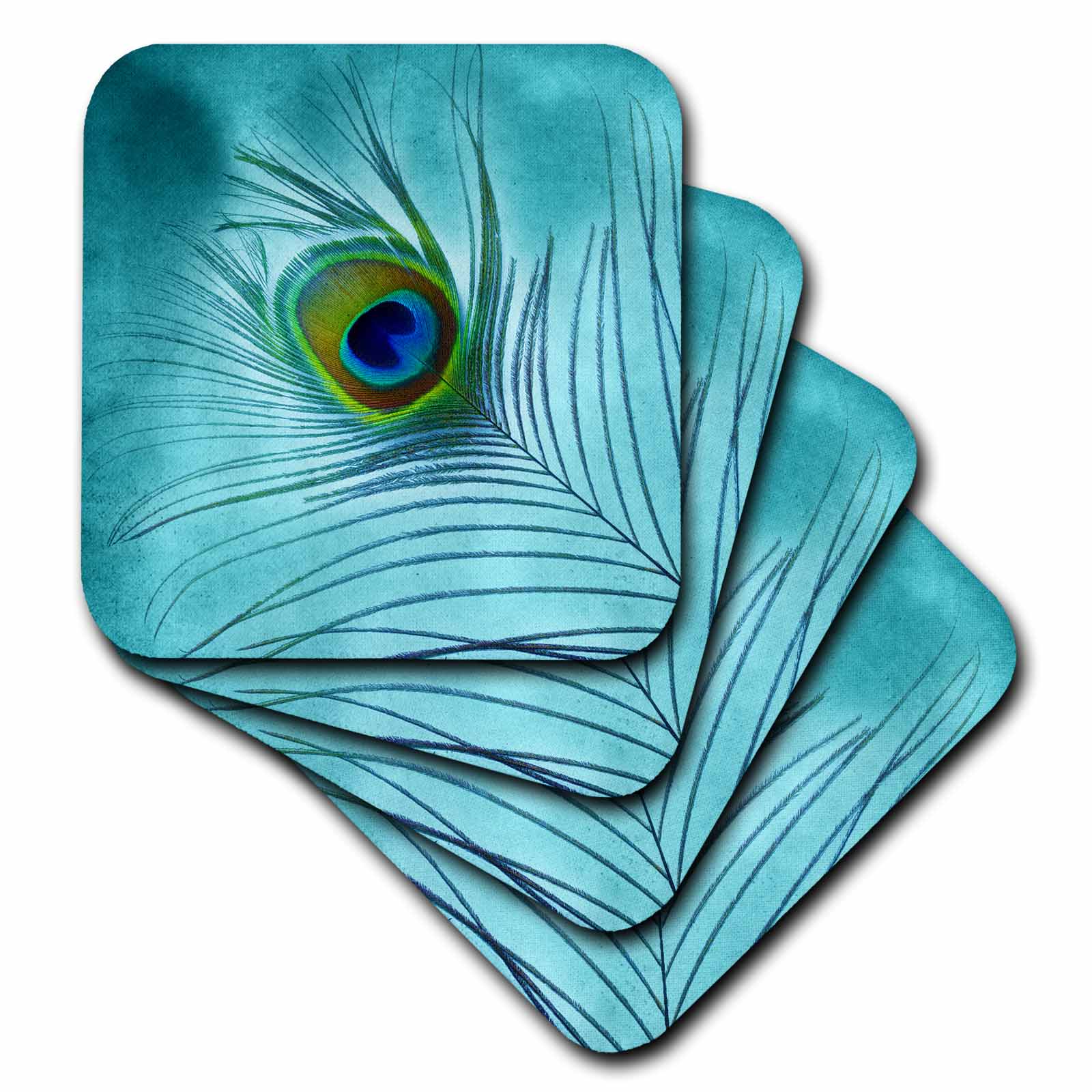 3dRose Doreen Erhardt Birds - Peacock Feather on Turquoise Background - Coasters (cst_211236)