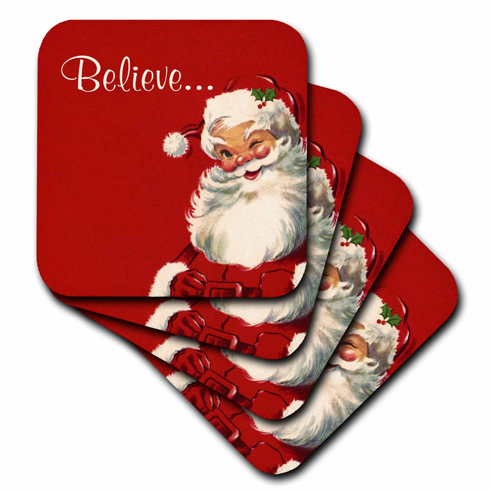 3dRose Russ Billington Christmas Designs - Believe-Jolly Vintage Santa Illustration on Red Background - Coasters (cst_219375)