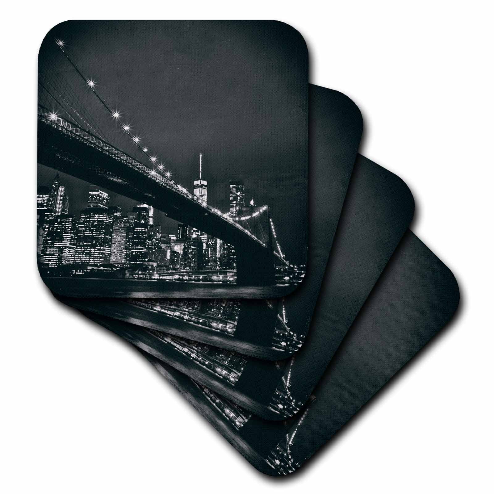 3dRose Kike Calvo Travel - New York scene of the Brooklyn Bridge and Manhattan Skyline at night - Coasters (cst_219800)