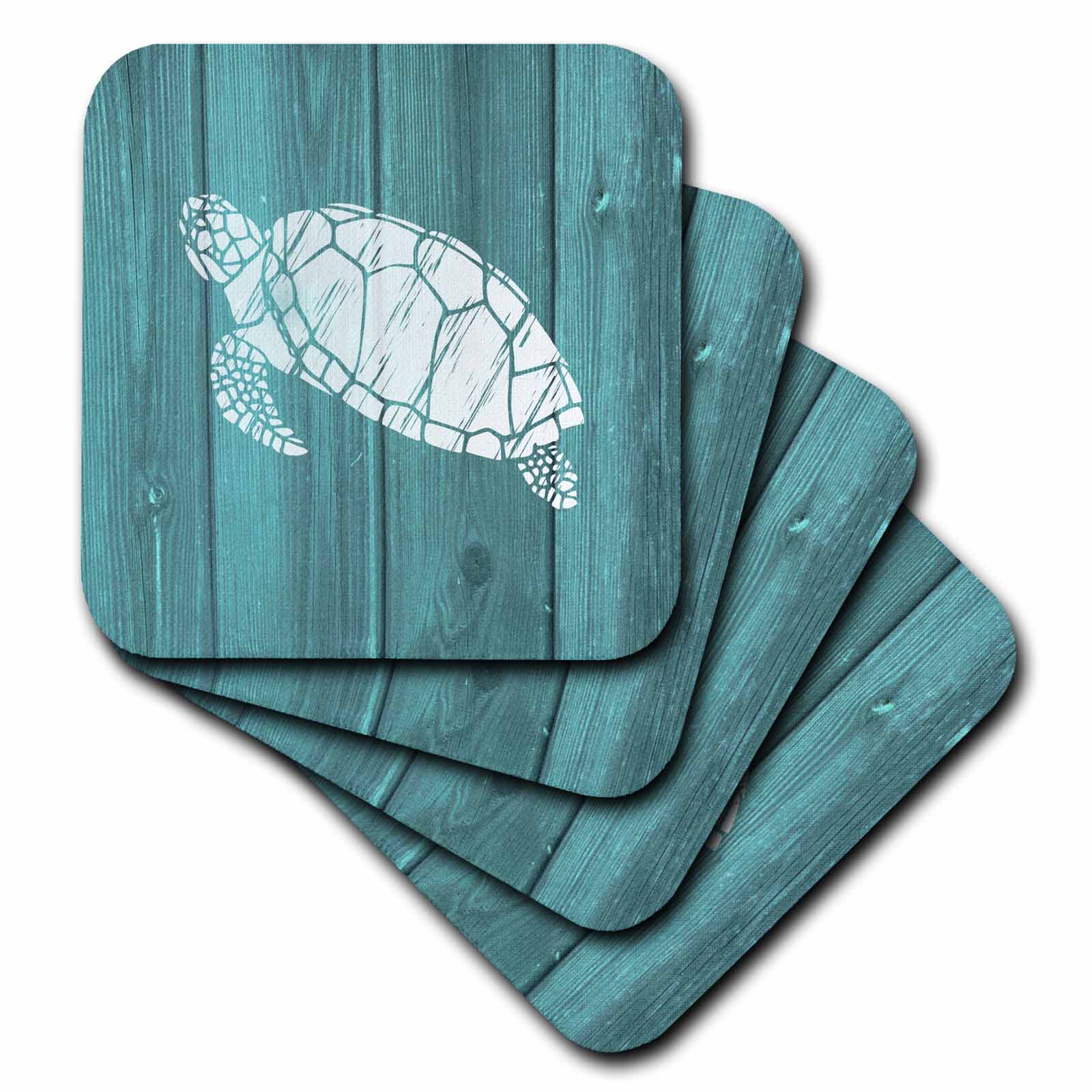 3dRose Russ Billington Nautical Designs - Turtle Stencil in White over Teal Weatherboard- not real wood - Coasters (cst_220428)