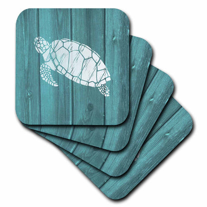 3dRose Russ Billington Nautical Designs - Turtle Stencil in White over Teal Weatherboard- not real wood - Coasters (cst_220428)