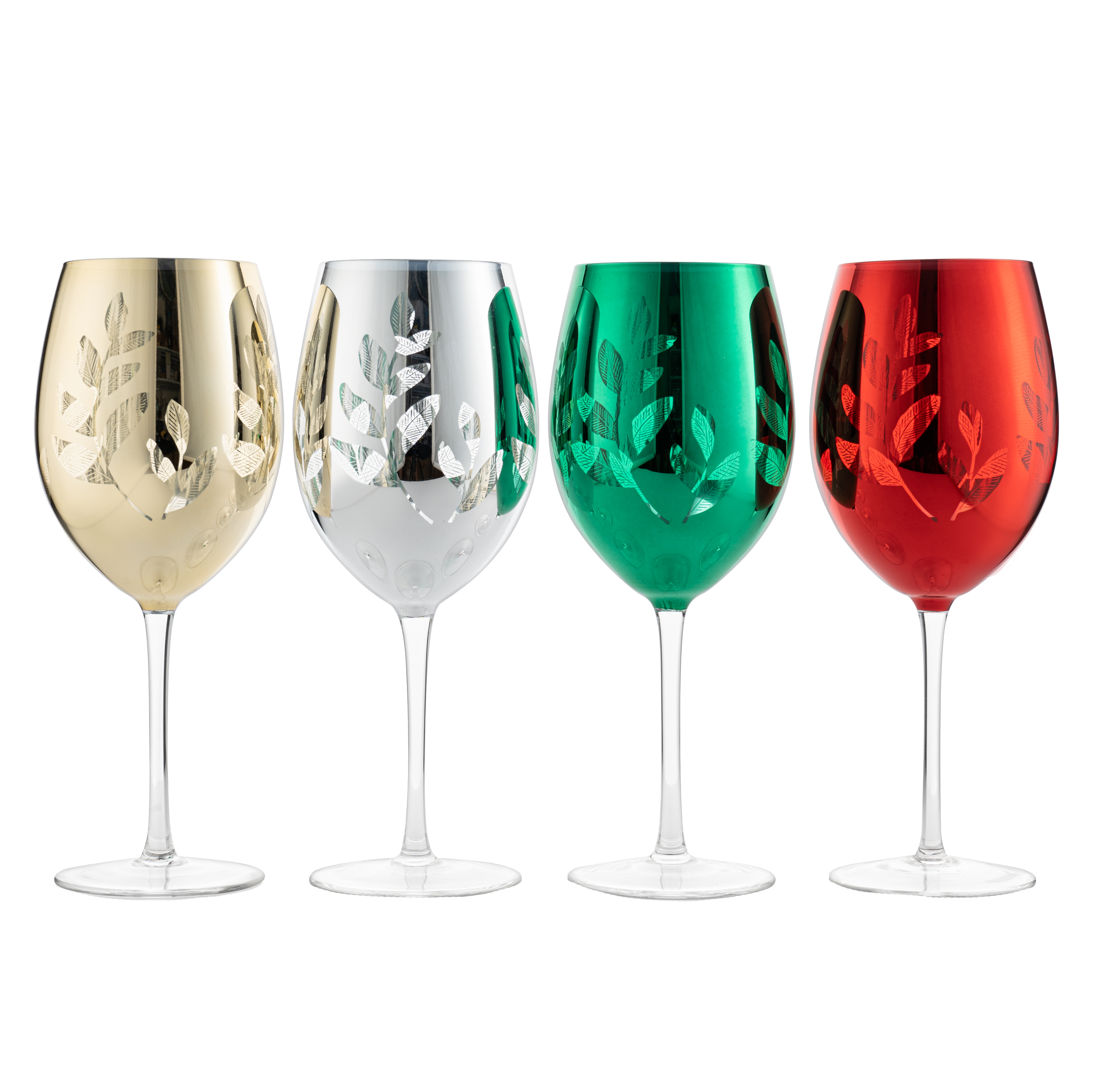 Etched Multicolor Christmas Stemmed Wine Glasses Set Of 4 Red Green Yellow Silver Perfect For Wine C