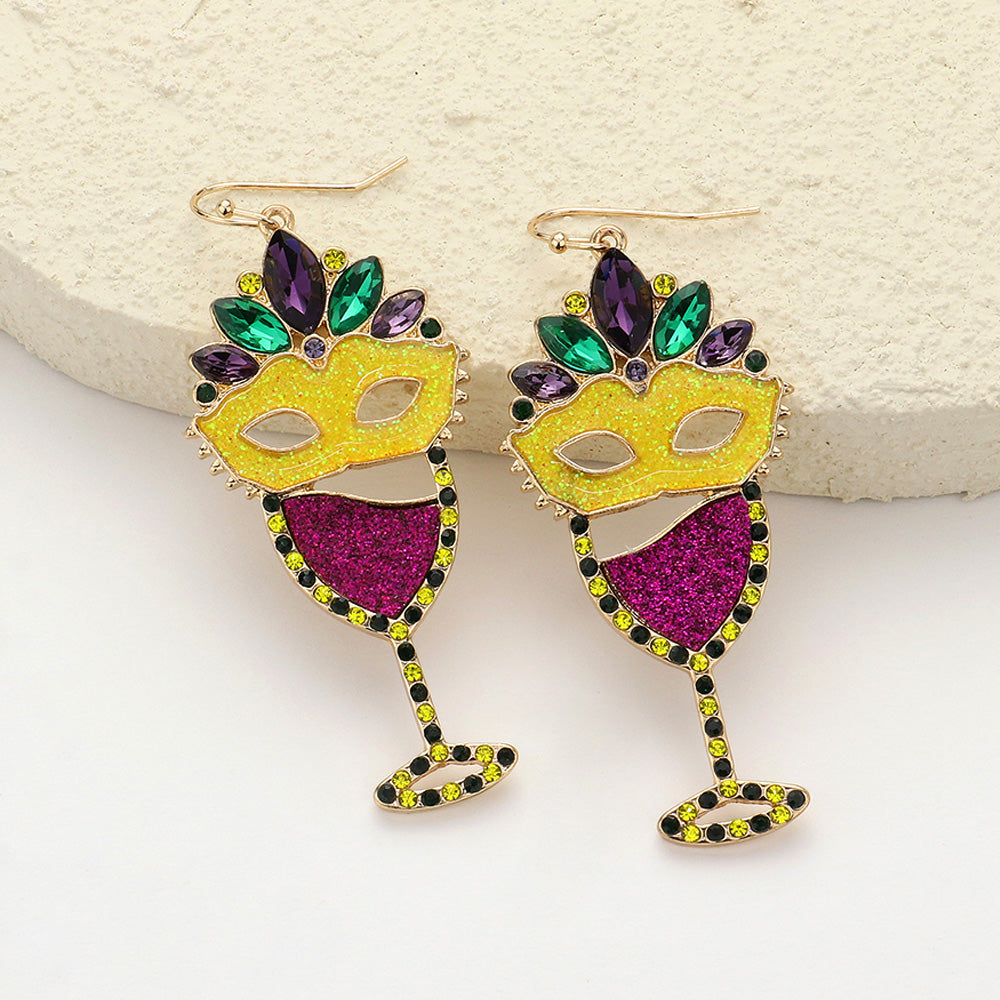 Women's Marquise Stone Sparkly Mardi Gras Mask Wine Glass Dangle Earrings