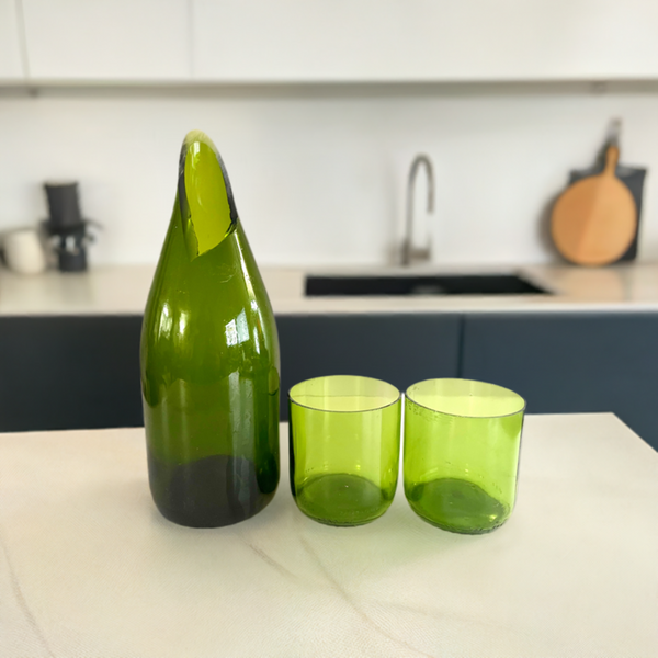 Green Glass Carafe, Glass Bottle Wine Decanter, with Set of Two 8oz Tumblers