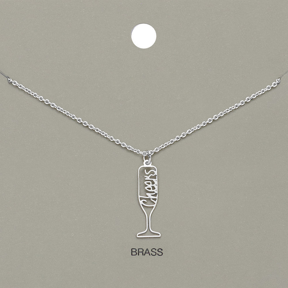 Cheers Message Wine Glass Brass Metal Pendant Necklace
