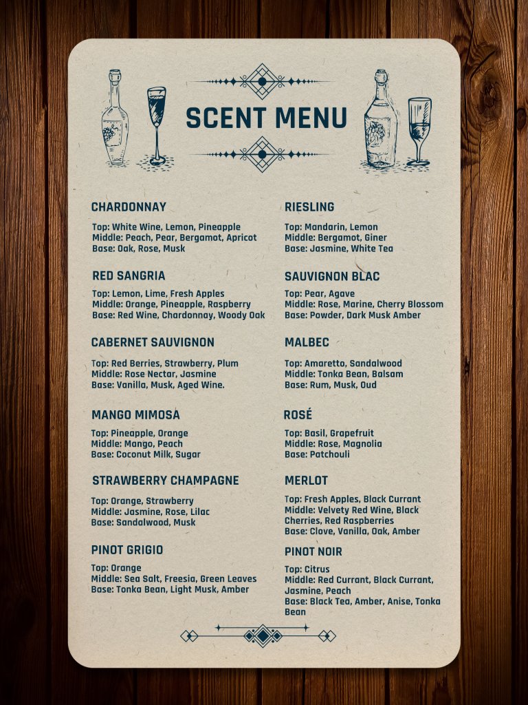 Brown and Beige Candle Scent Menu with 12 names of types of wine