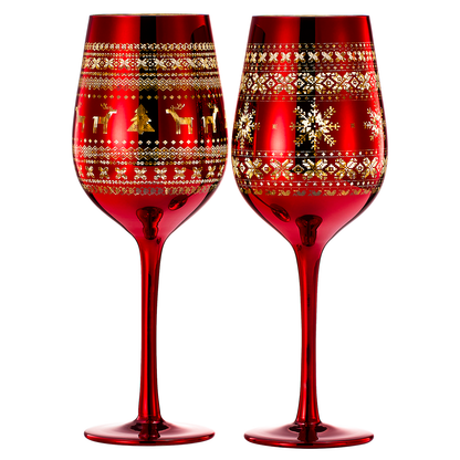 Crystal Christmas Tree Wine Water Glasses Set Of 2 Holiday Themed Red Gold Etched Winter Snow Wonder
