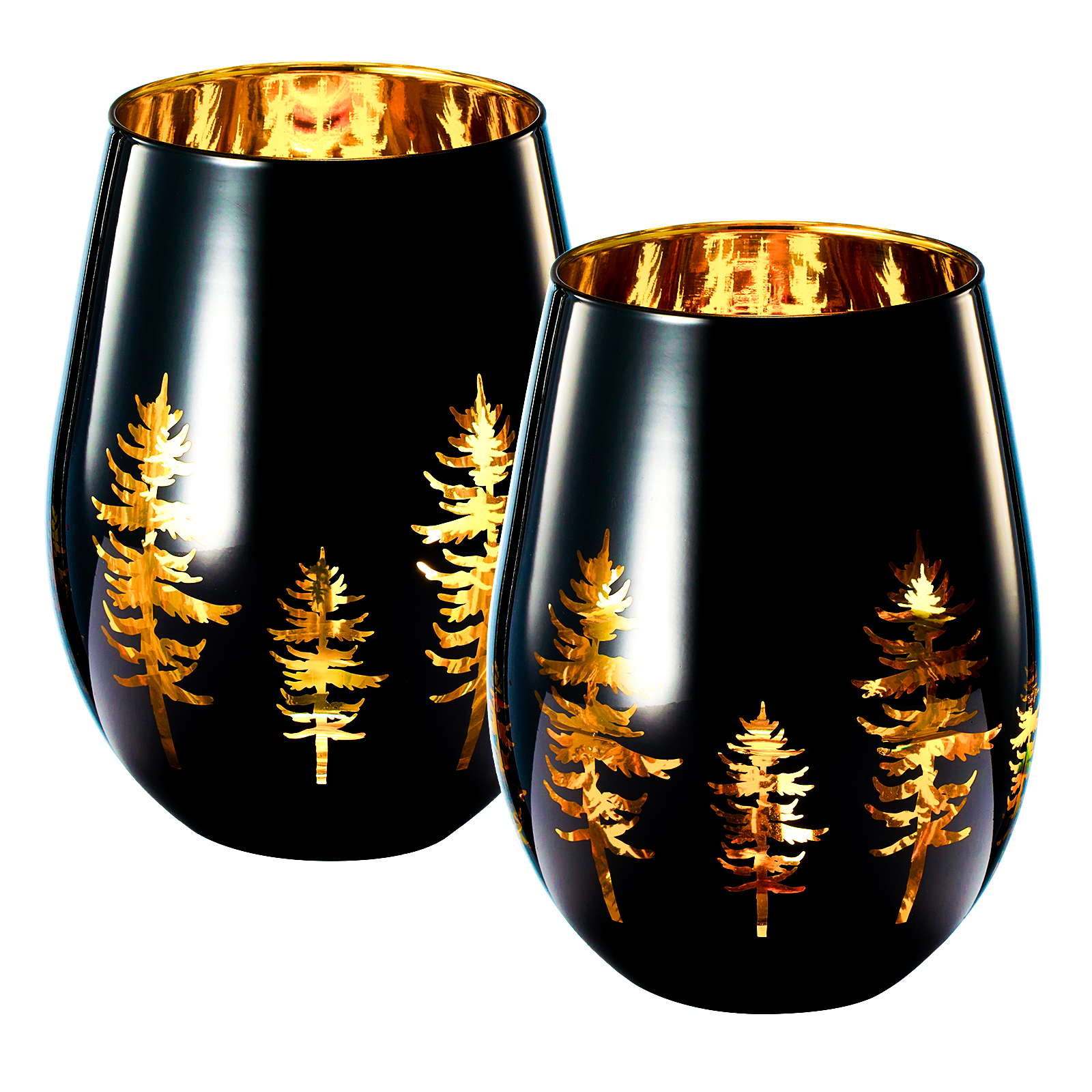 Crystal Holiday Winter Christmas Trees Black Gold Stemless Wine Glasses Set Of 2 Glass Colored Vibra