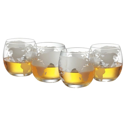Etched World Globe Glasses Premium Barware Gift Elegant Drinkware Collection